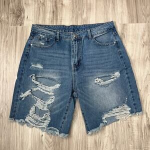 SHEIN Women's Ripped Raw Hem Blue Denim Shorts Size 32